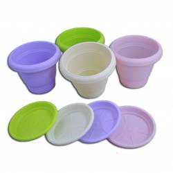 саксия от пластмаса, цветна с подложна чинийка 13х10,5 см. 4 цвята