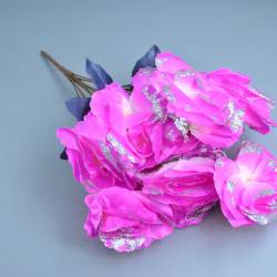 ИЗКУСТВЕНО цвете, роза 12 цвята с брокат, тичинки, тъмно стъбло и тъмни листа, розов цвят 