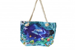 ПЛАЖНА чанта, плетени дръжки, синьо/бяло райе и морски обитатели 50х36х14 см. 