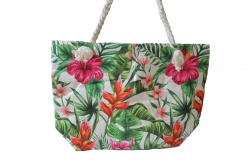 ПЛАЖНА чанта, плетени дръжки, прелващи орхидеи и зеленини 50х36х14 см. 
