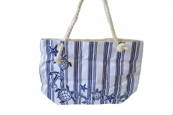 ПЛАЖНА чанта, плетени дръжки, синьо/бяло райе и морски обитатели 50х36х14 см. 