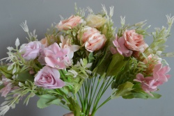 ИЗКУСТВЕНО цвете, роза 5 цвята и ситни цветчета 7 разклонения, различни цветове 30 см. (2 бр. в стек)