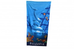 ПЛАЖНА ХАВЛИЯ, микрофибър, с надпис Bulgaria 2 делфина, потънал кораб 70х150 см. 