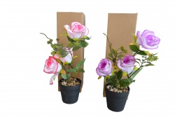 изкуствено цвете в пластмасова кашпа, роза със зеленина 9,5х9,5х27 см. (12 бр. в стек)(72 бр. в кашон)