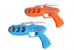 детска играчка от пластмаса, музикален, светещ, вибриращ пистолет с 4 въртящи диода 22х15 см.