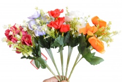 ИЗКУСТВЕНО цвете, букет розички разцъфнали със зеленина 28 см. CXH015 (12 бр. в стек, микс)