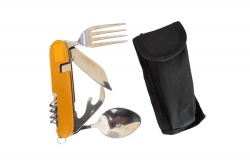 джобен комплект- нож, вилица, лъжица 3 аксесоара, стомана, швейцарски, сгъваем (24 бр. в кутия)