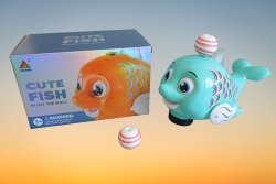 детска играчка от пластмаса, музикална, движеща се, светеща, рибка, носеща топка във въздуха въртящи се очи в кутия 338-1А