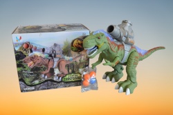 детска играчка от пластмаса, музикална, движеща се, светеща, тиранозавър Рекс, изсрелващ топчета, голям 40х25 см. в кутия 6632
